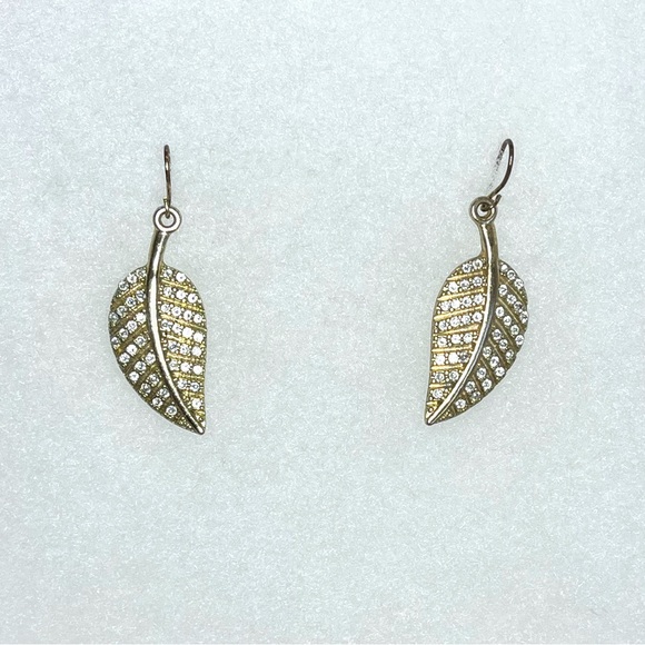 Gold Tone Rhinestone Leaf Shaped Hook Dangle Earrings - Picture 2 of 5